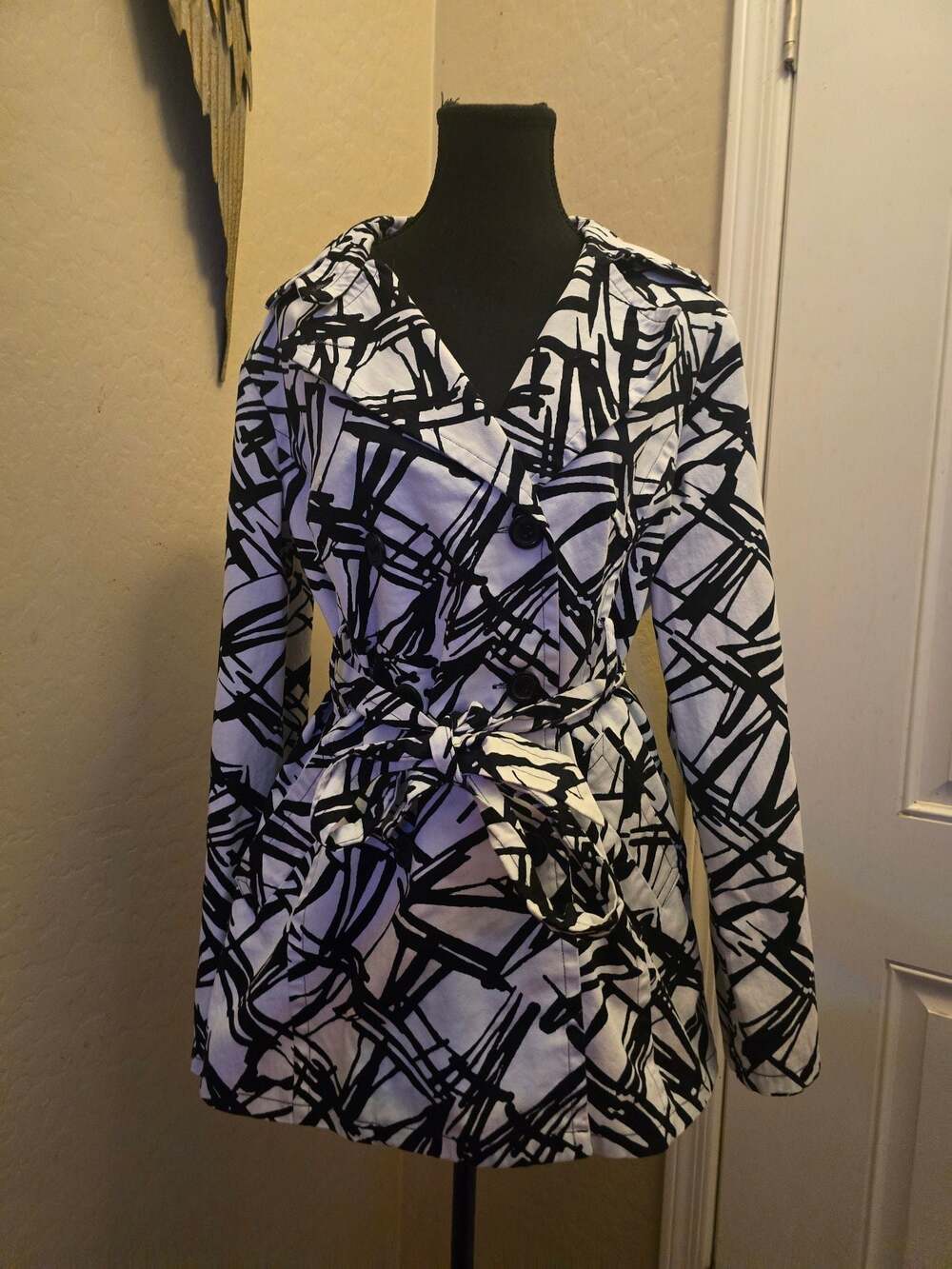 John Paul Richard Black and White Abstract Print Double-Breasted Belted Trench C